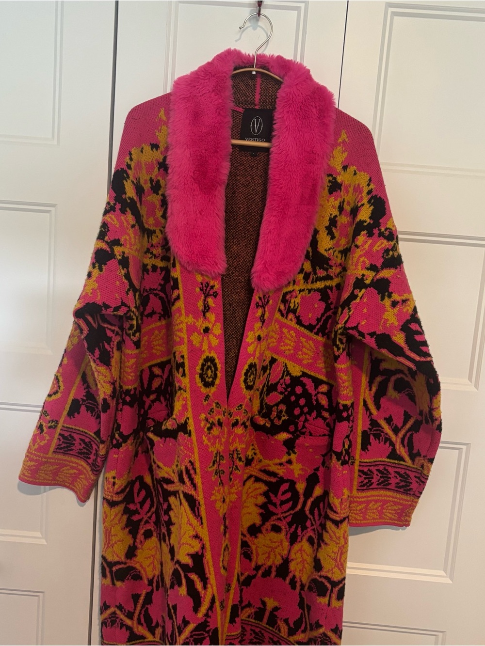 Vertigo Paris Pink & Yellow Floral Long Heavy Knit Cardigan with Faux Fur Collar